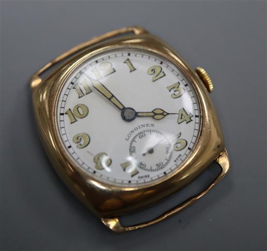 A gentlemans 1940s? 9ct gold Longines manual wind wrist watch (no strap).